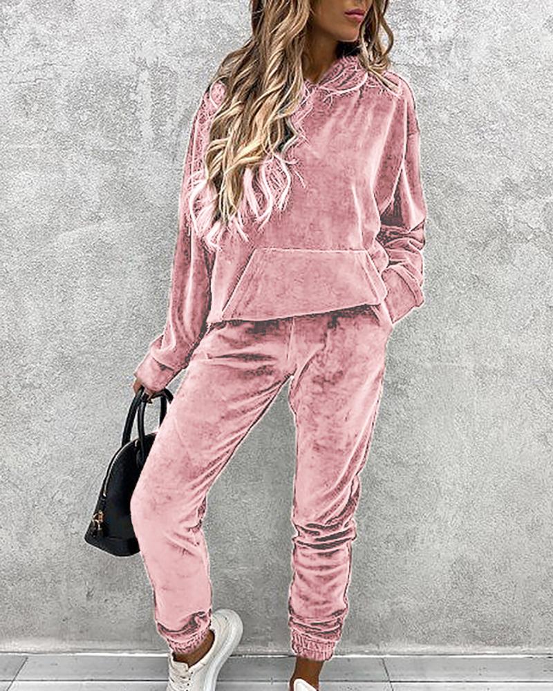 

Pocket Design Long Sleeve Flannel Hooded Top & Pants Set, Pink