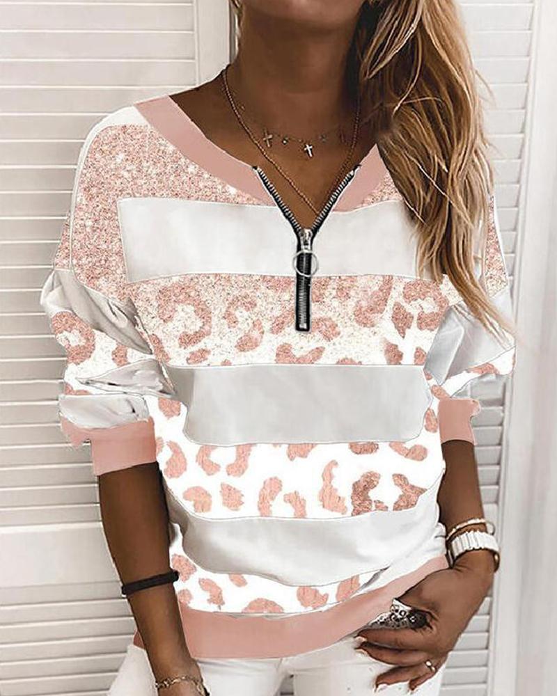 

Glitter Leopard Print Long Sleeve Sweatshirt, Pink