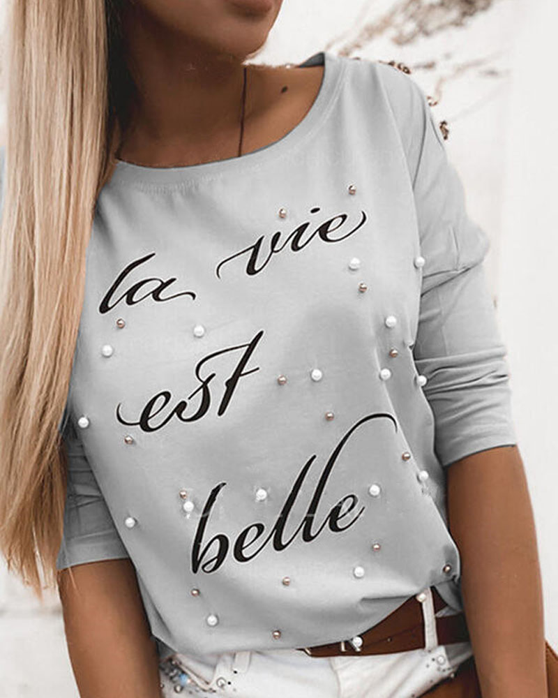 

Letter Print Beaded Decor Long Sleeve Top, Gray