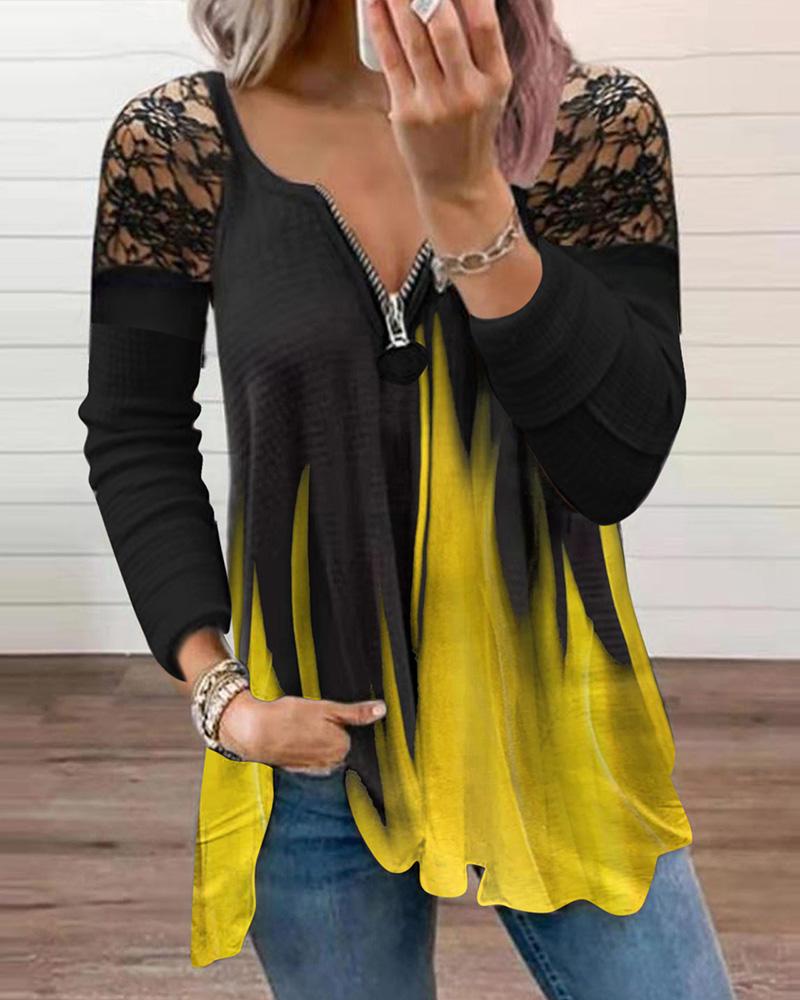 

Zipper Design Crochet Lace Patch Colorblock Top, Yellow