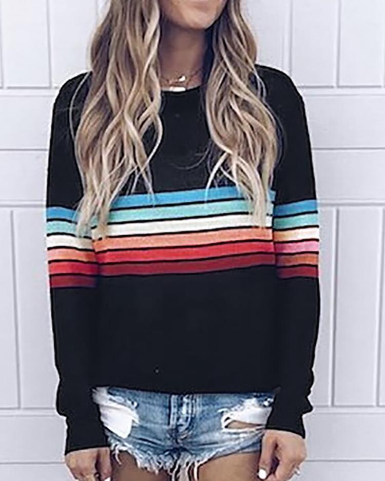 

Rainbow Striped Long Sleeve Casual Blouse, Black