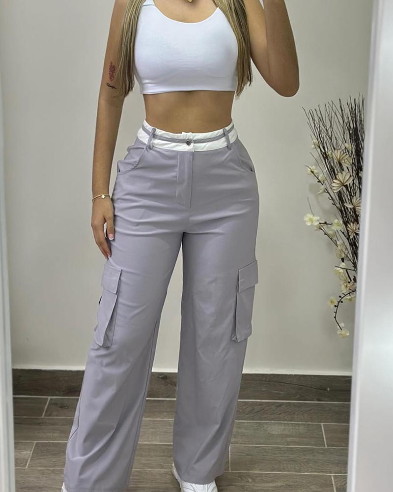 

Colorblock Pocket Design High Waist Cargo Pants, Gray