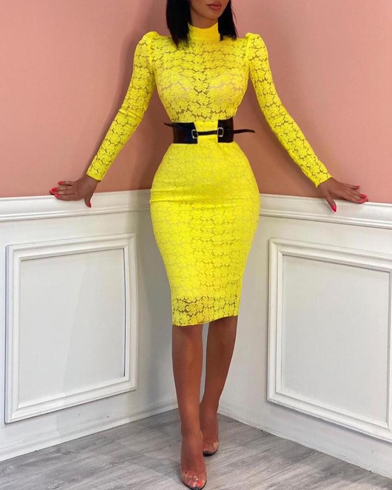 

Crochet Lace Puff Long Sleeve Skinny Midi Dress Plain Chic Bodycon Dress, Yellow