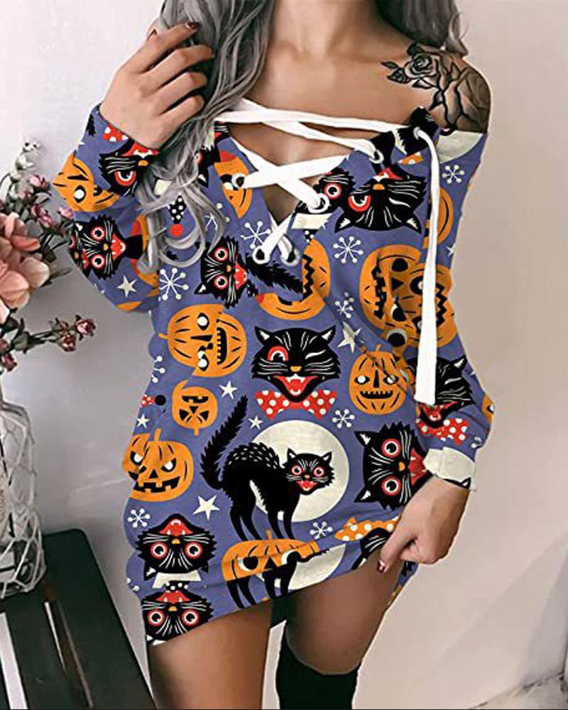 

Halloween Pumpkin Print Grommet Eyelet Lace-Up Sweatshirt Dress, Style2