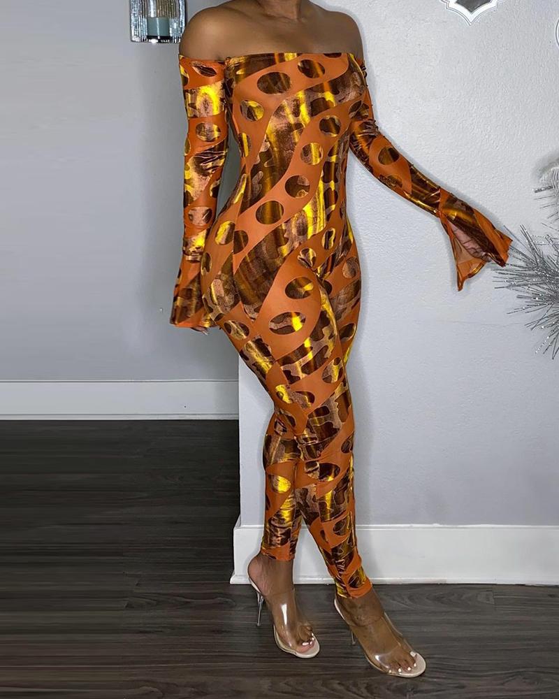 

All Over Print Flared Sleeves Off Shoulder Jumpsuit, Orange