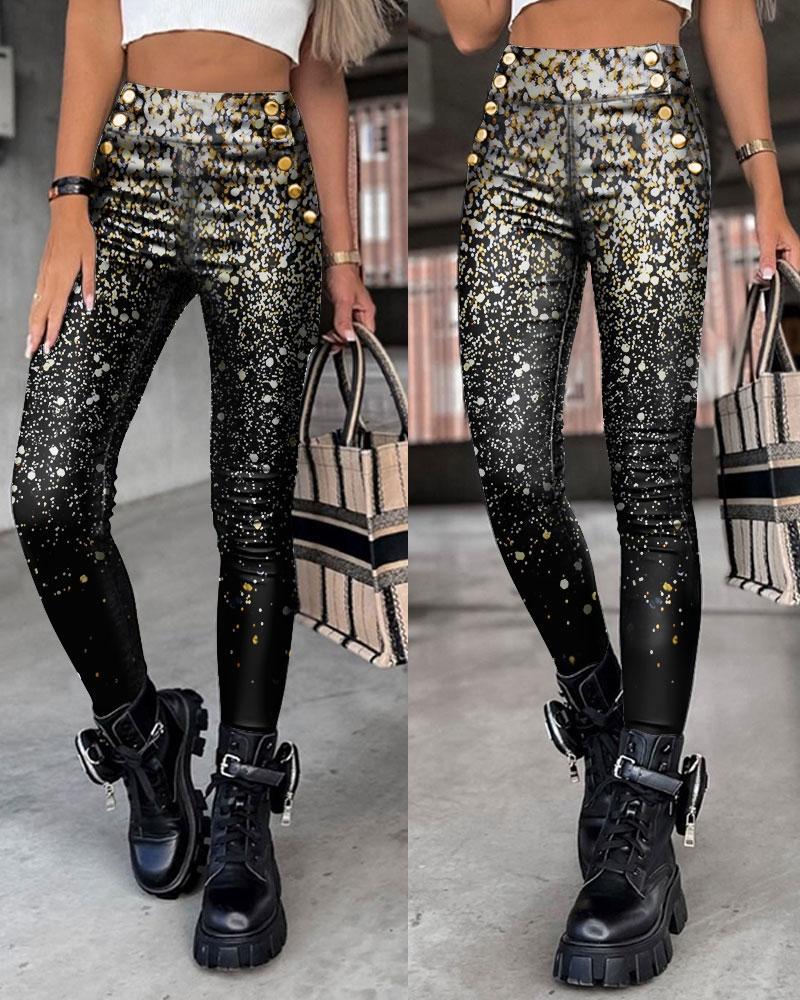 

Print Button Decor High Waist Skinny Pants, Black