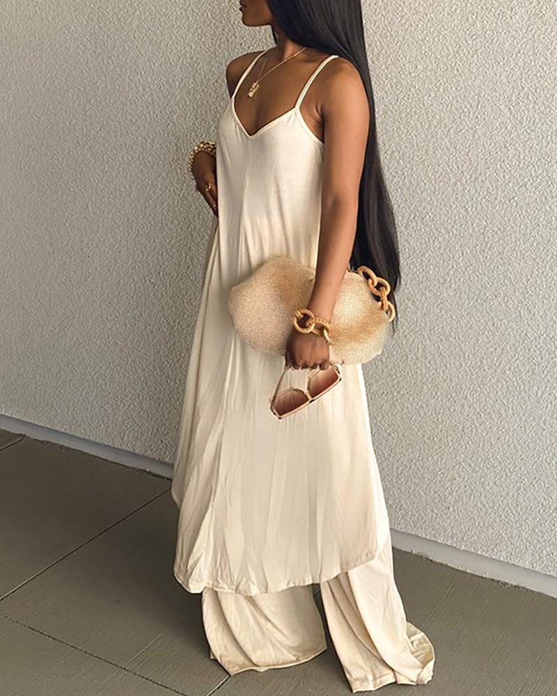 

Spaghetti Strap V-Neck Top & Wide Leg Pants Sets, Apricot