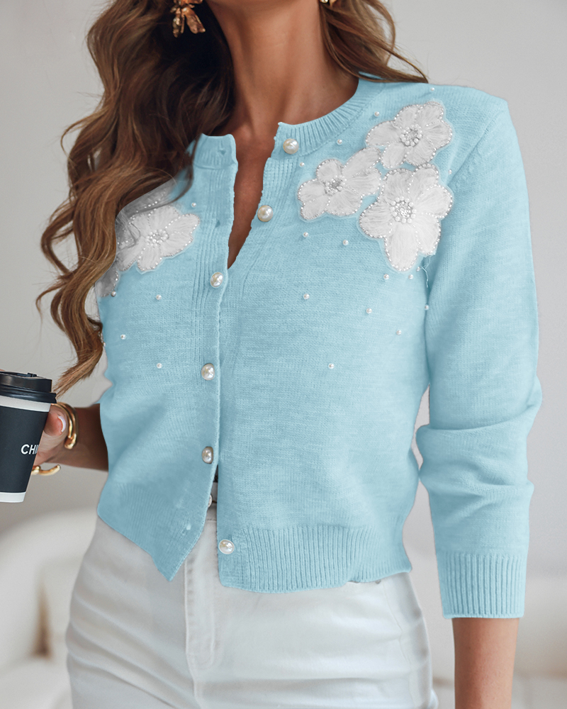

Floral Applique & Pearls Decor Round Neck Single Breasted Knit Cardigan Casual Crop Sweater Coat, Lighted blue