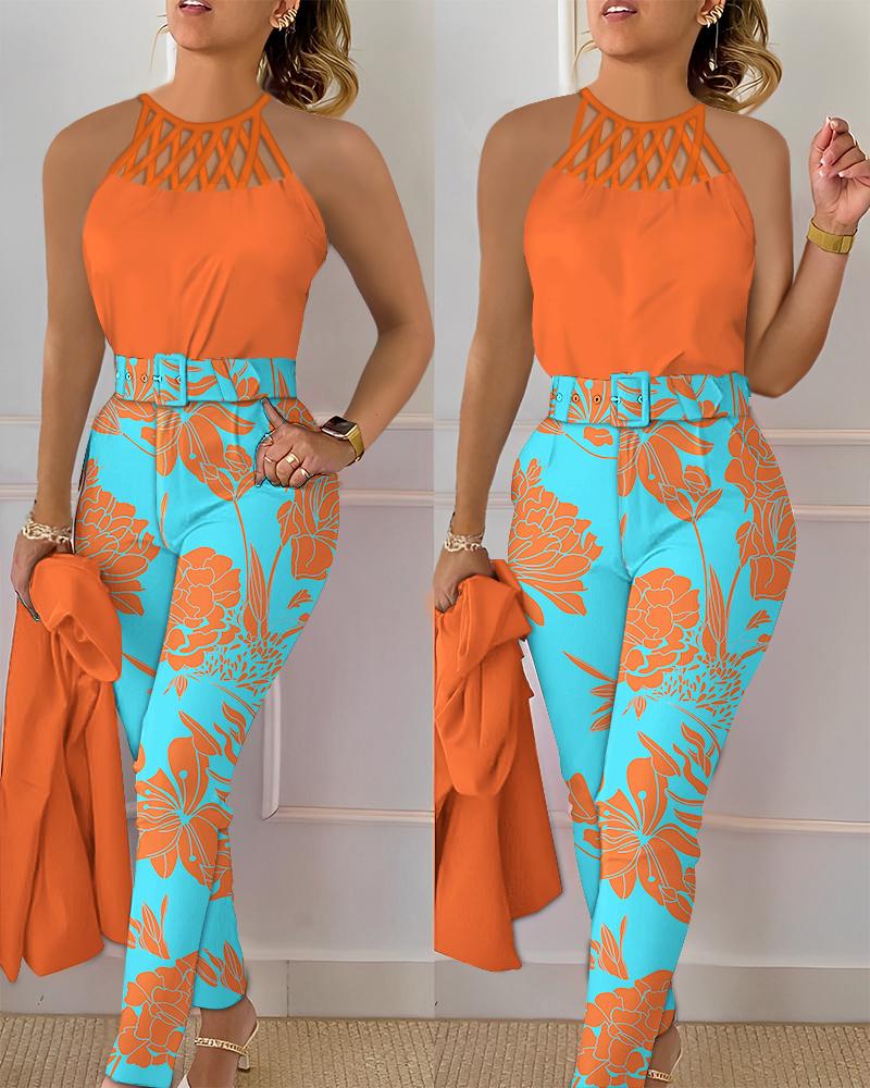 

Hollow Out Tank Top & Plants Print Pants Set, Orange