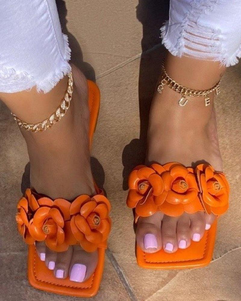 

Solid Flower Patchwork Open-toe Flat Sandals, Orange