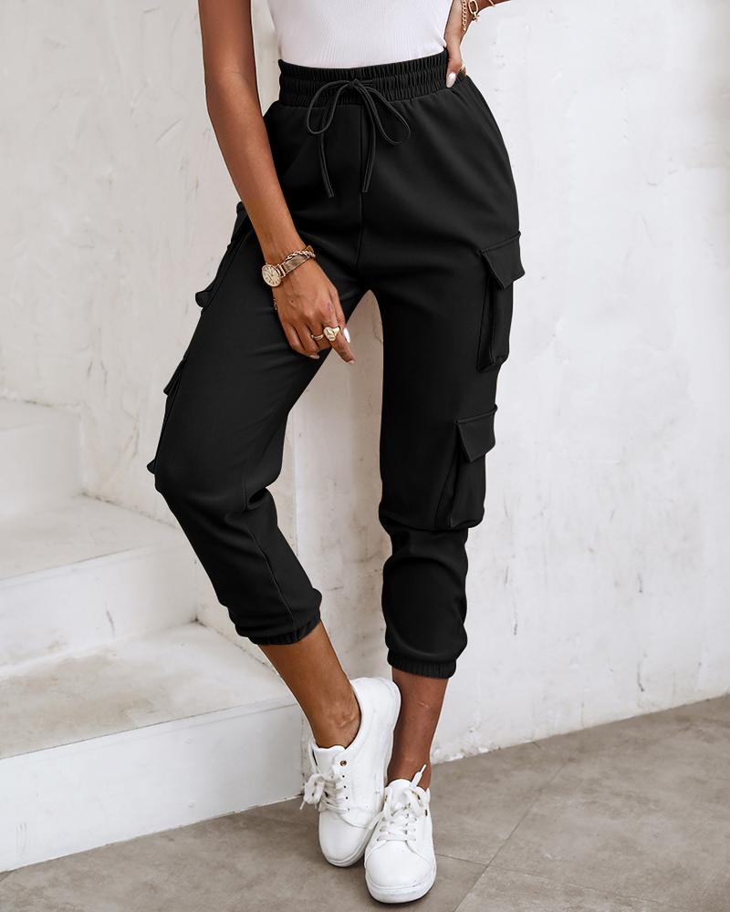 

Pocket Design Cuffed Cargo Pants, Black