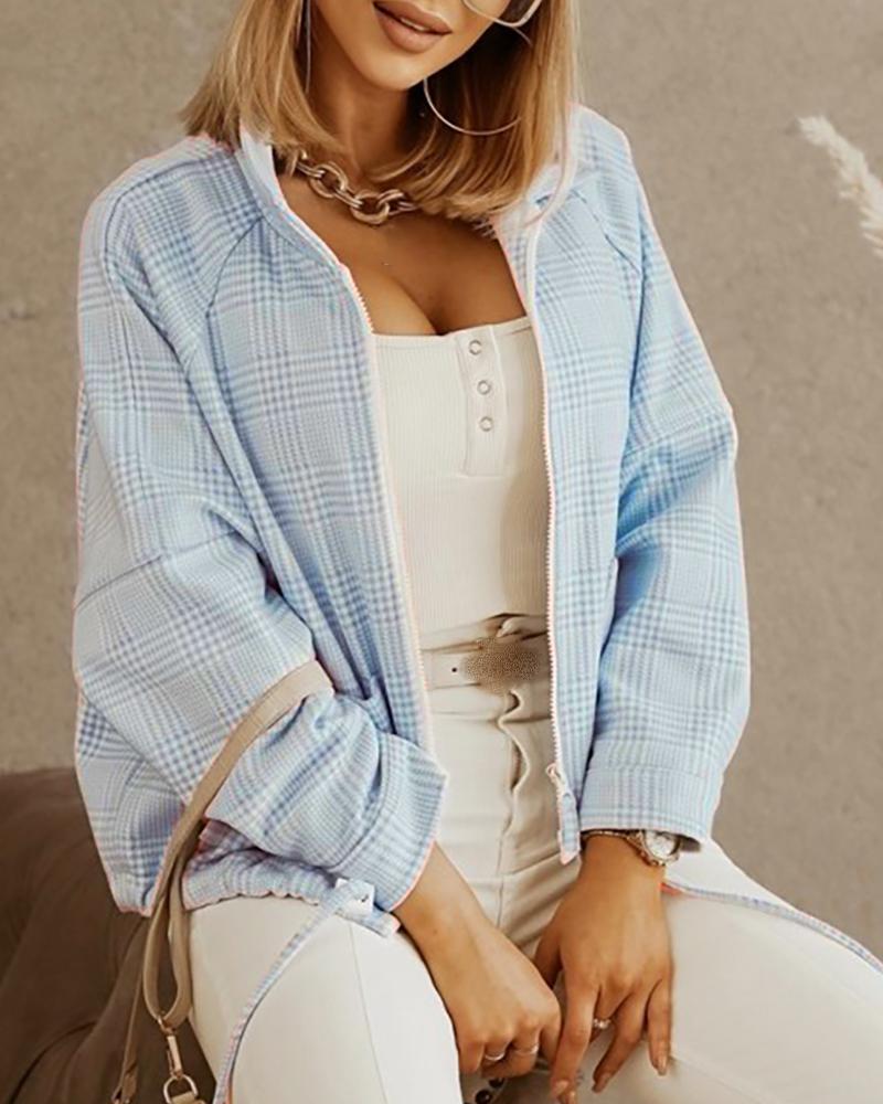

Plaid Print Zipper Pocket Design Drawstring Coat, Blue