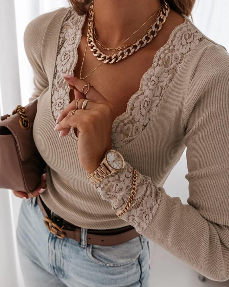 

Lace Trim Long Sleeve Top, Apricot