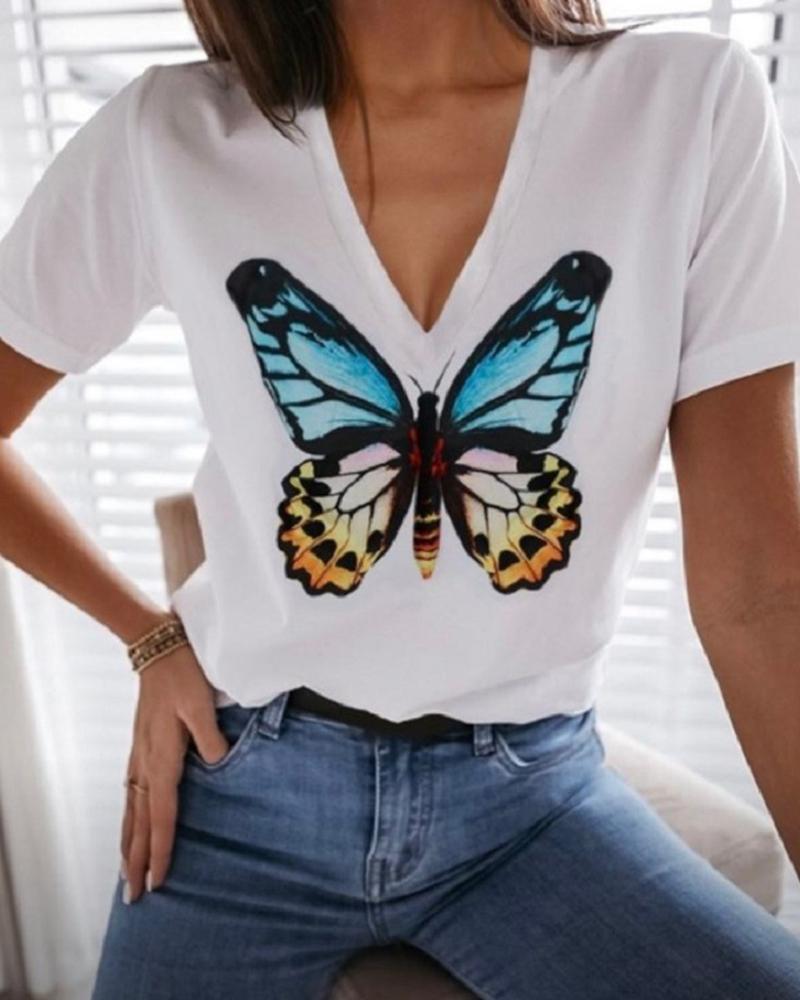 

Butterfly Print Short Sleeve Casual T-Shirt, White