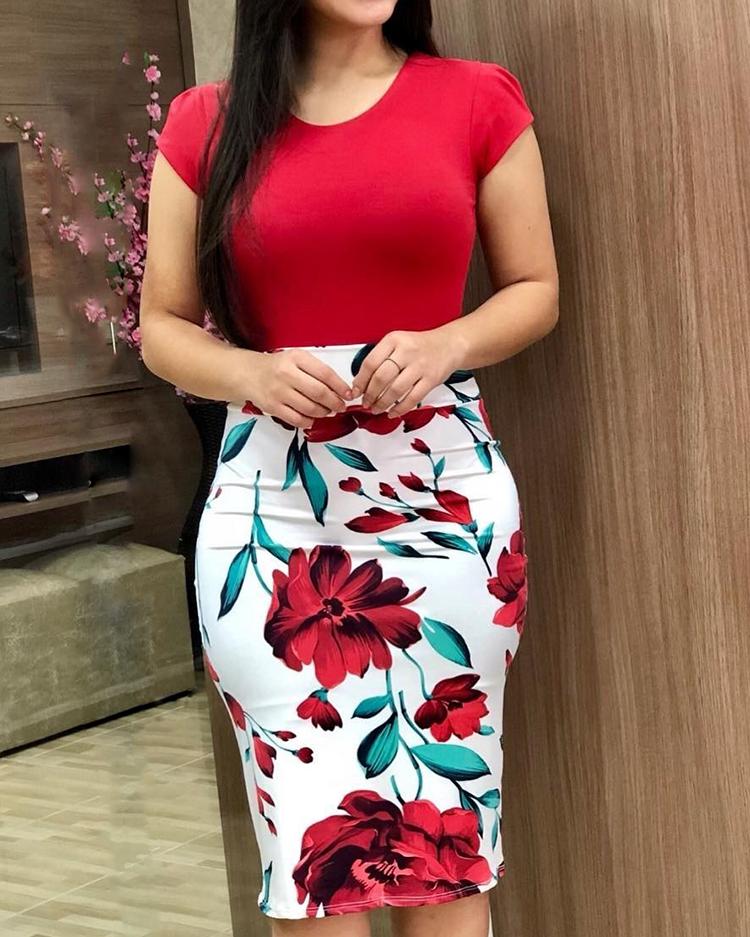 

Short Sleeve Floral Print Bodycon Dress, Red