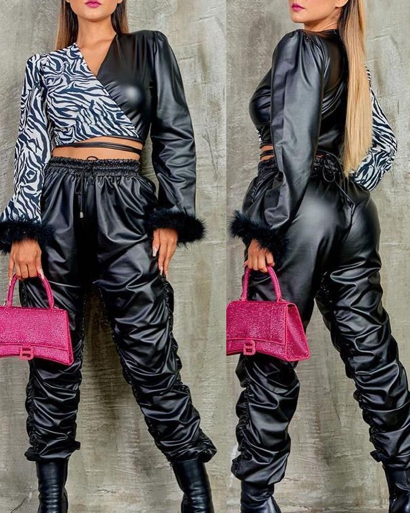 

Fuzzy Detail Zebra Stripe Print PU Leather Patch Top & Pants Set, Black