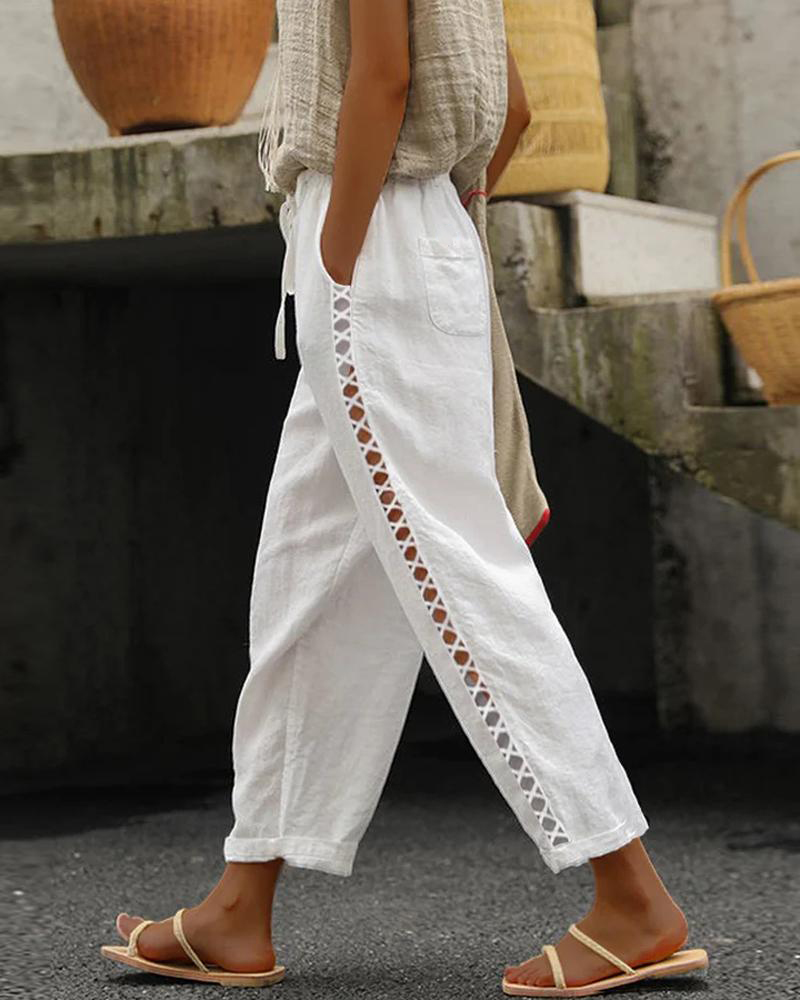 

Pantalon décontracté en dentelle à poche plaquée évidée, White