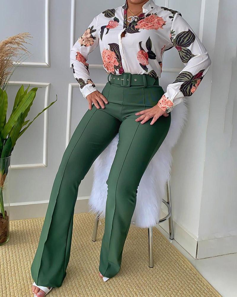 

Buttoned Floral Print Top & High Waist Pants Set, Green
