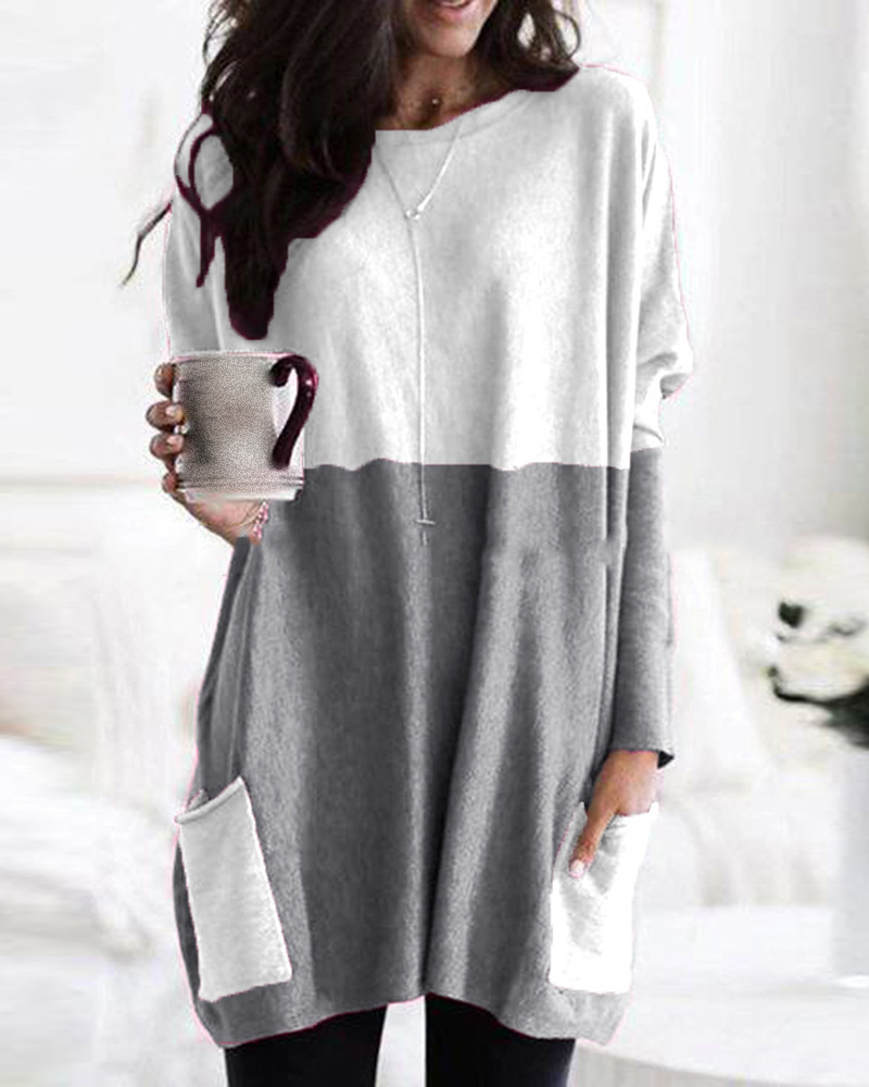

Pocket Design O Neck Colorblock Casual Top, Gray