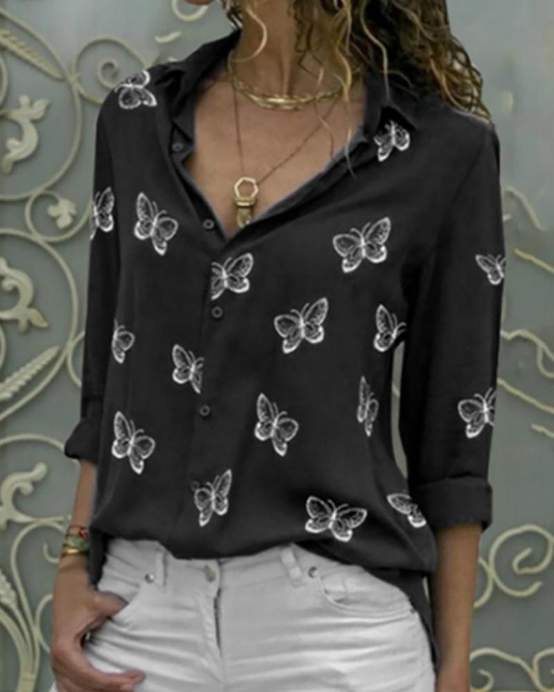 

Butterfly Print Button Design Blouse, Black