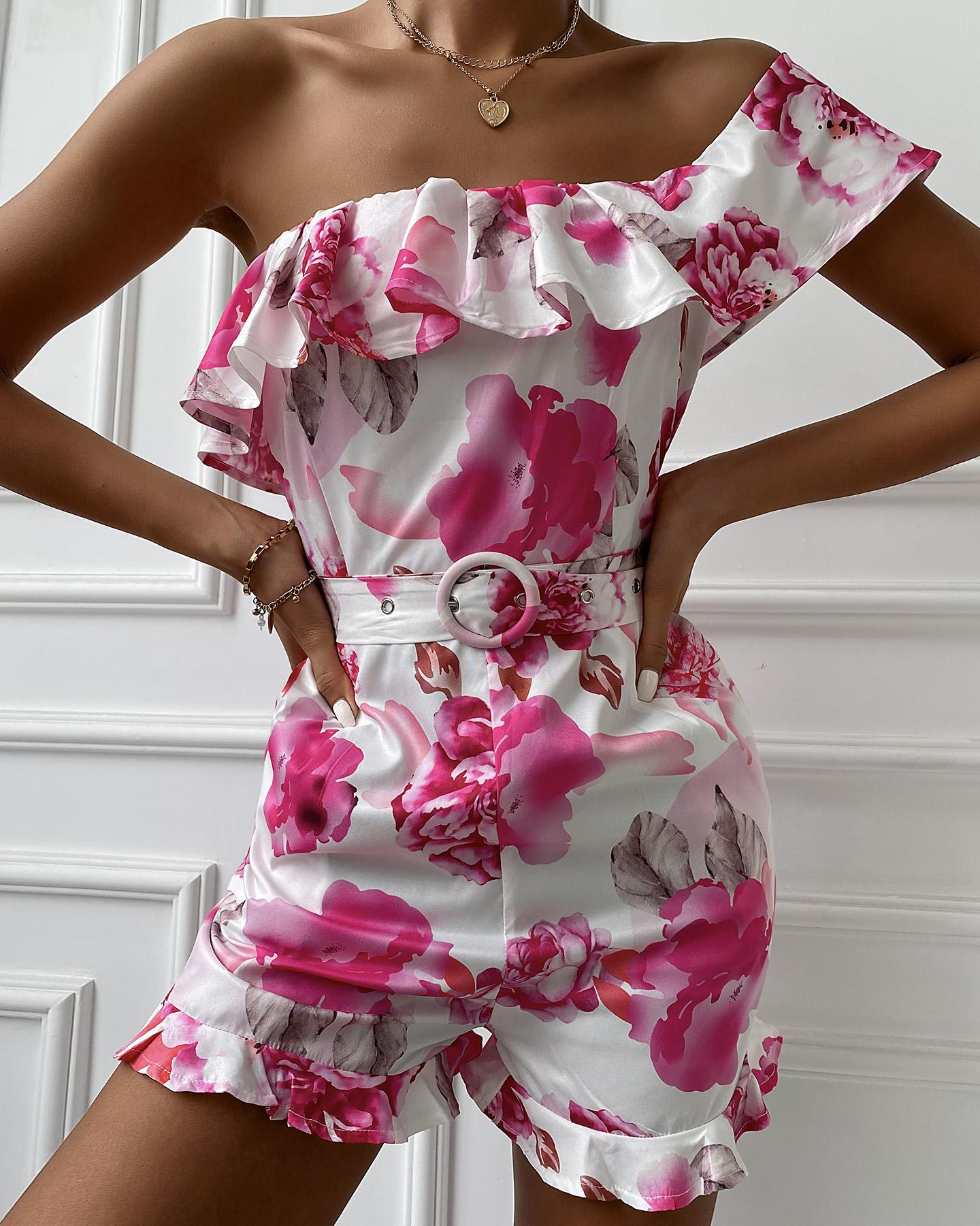 

One Shoulder Ruffles Floral Print Romper, Hot pink