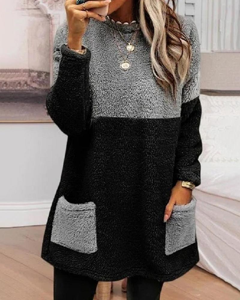 

Pocket Design Colorblock Fuzzy Sweatshirt, Black