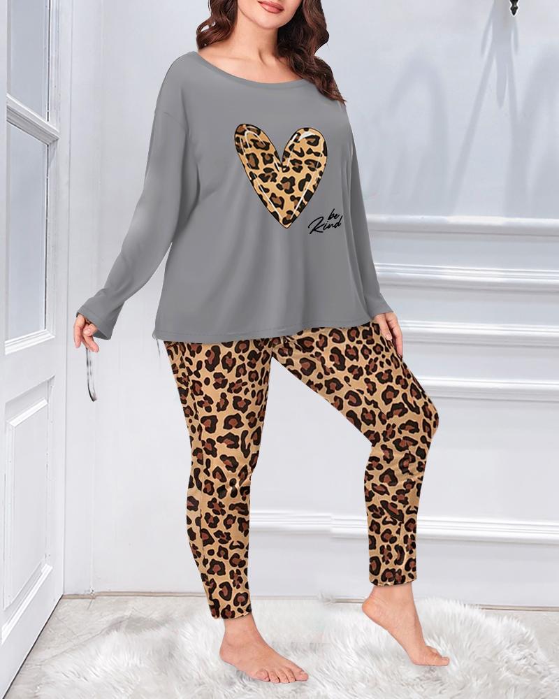 

Plus Size Heart Letter Leopard Print Pajamas Set, Gray