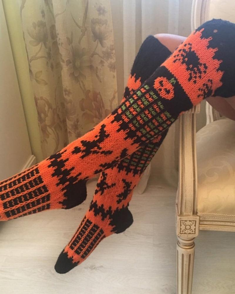 

Halloween Pumpkin Spider Pattern Over The Knee Thermal Socks, Orange