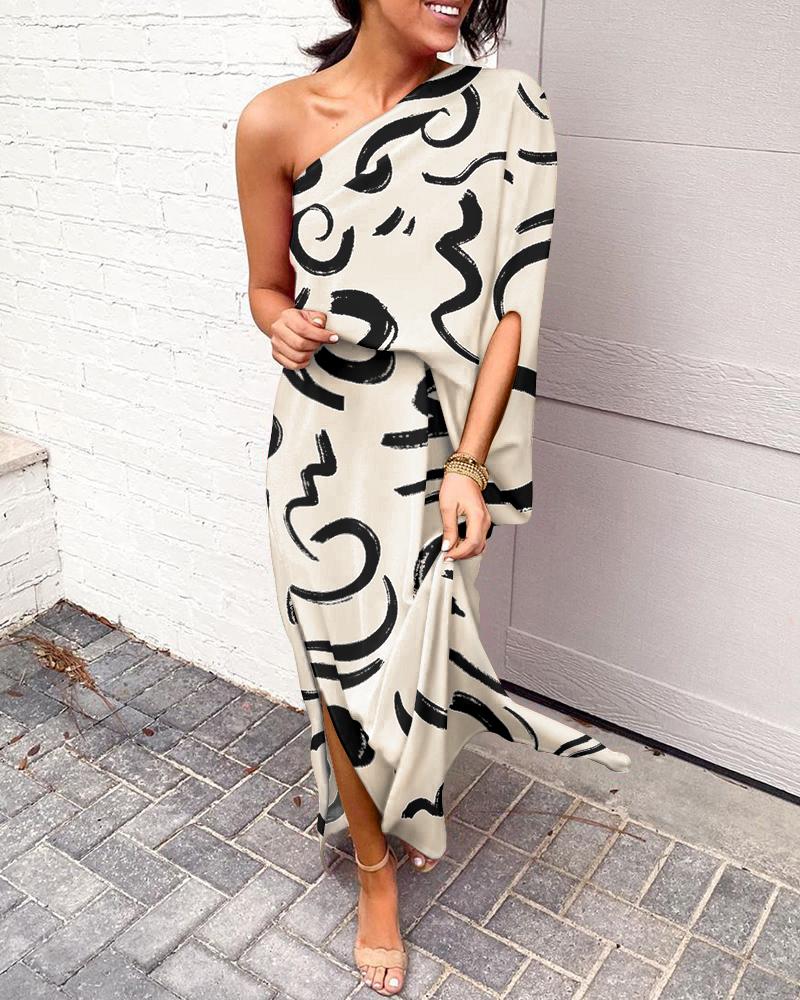

Abstract Print One Shoulder Split Hem Maxi Dress, Apricot