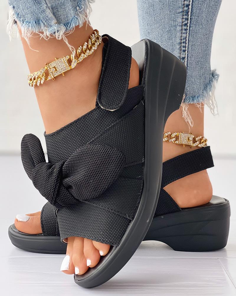 

Bowknot Design Peep Toe Velcro Wedges Sandals, Black