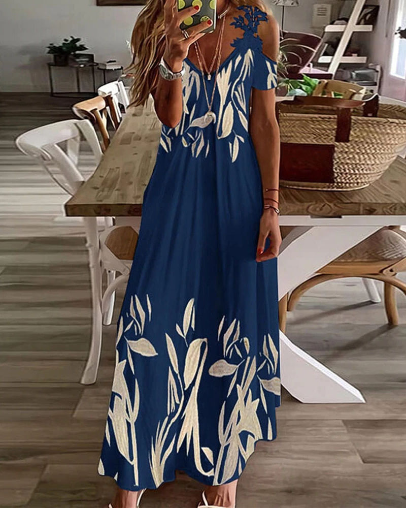 

Plants Print Contrast Lace Cold Shoulder Maxi Dress, Blue