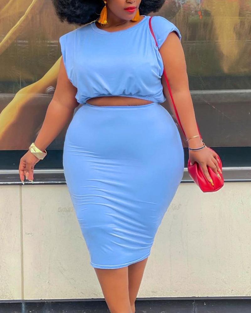 

Plus Size Shoulder Pad Crop Top & Skirt Set, Blue