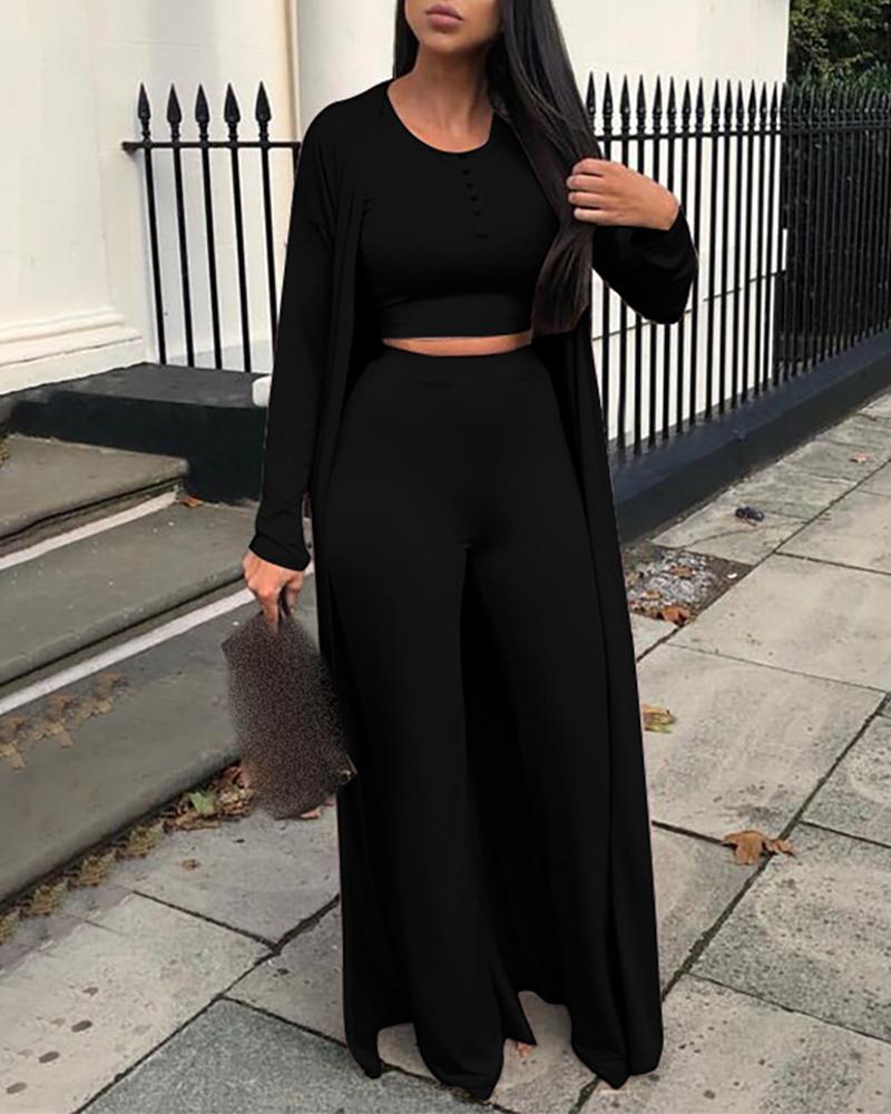 

Buttoned Crop Top & Pants & Cardigan Sets, Black