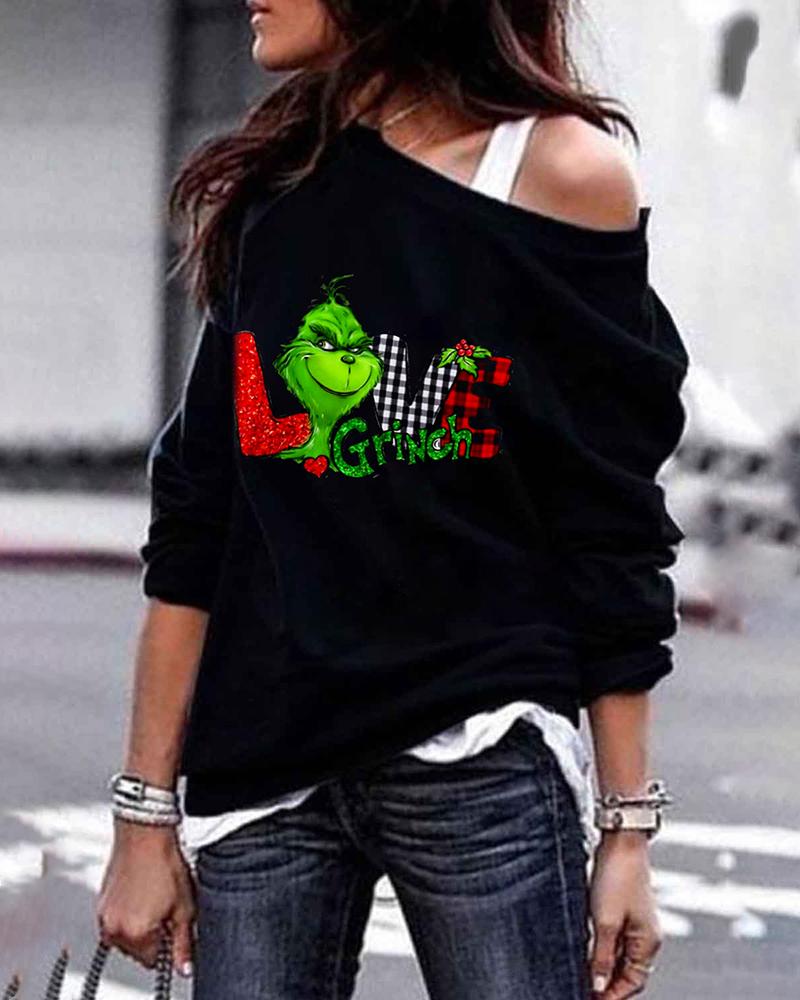 

Christmas One Shoulder Grinches Letter Print Long Sleeve Top, Black