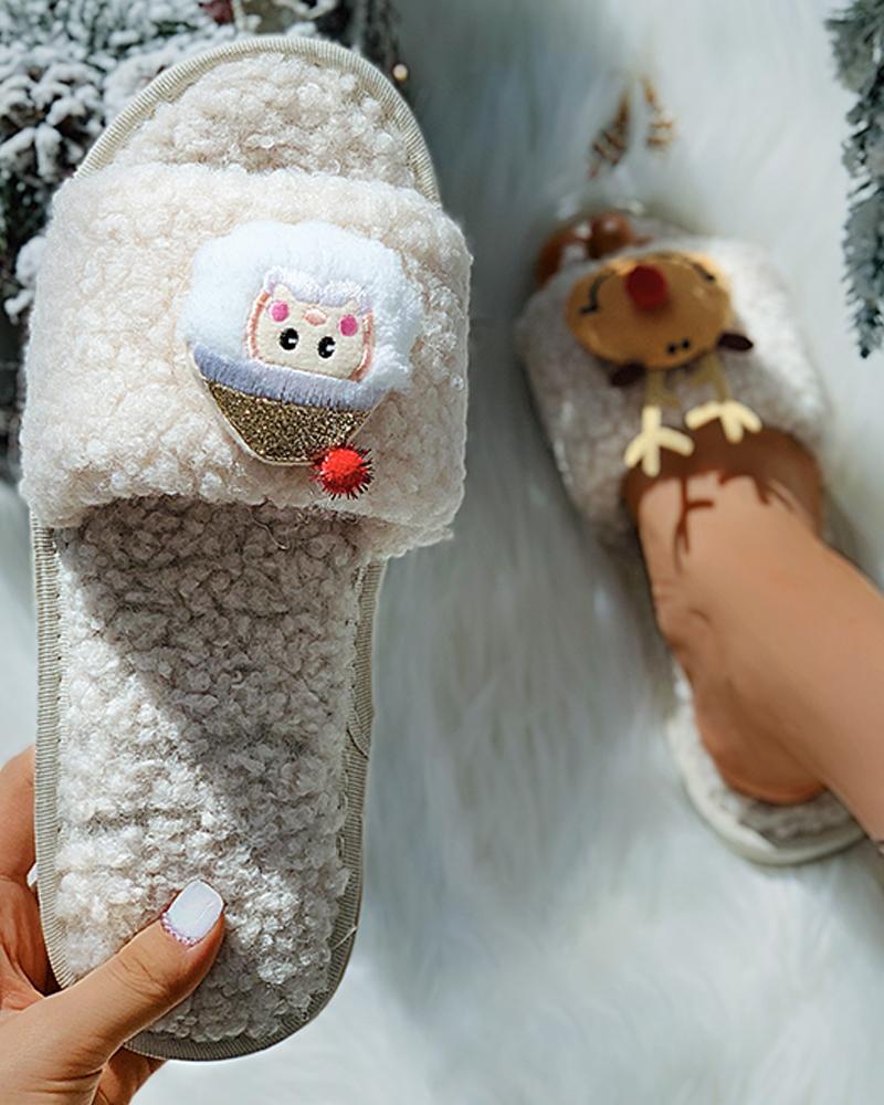 

Christmas Pattern Fluffy Slippers, Beige