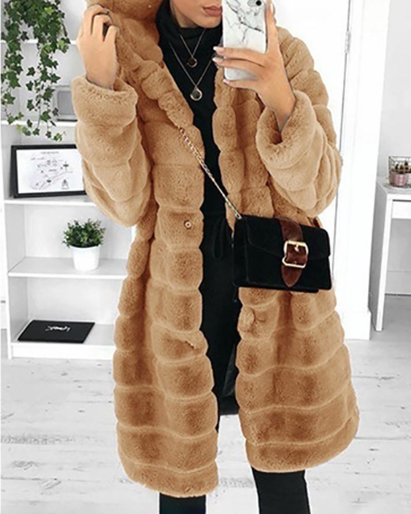 

Pocket Deign Long Sleeve Hooded Fuzzy Coat, Khaki