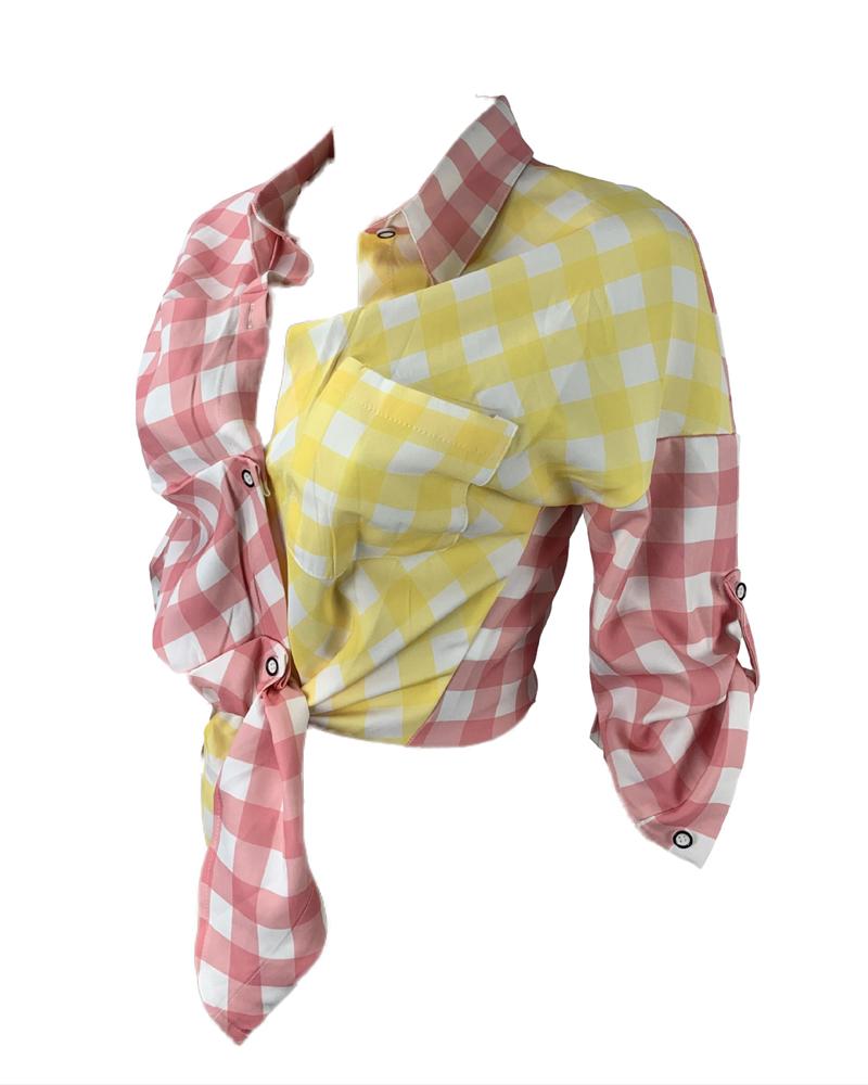 

Plaid Print Knot Front Crop Top, Yellow