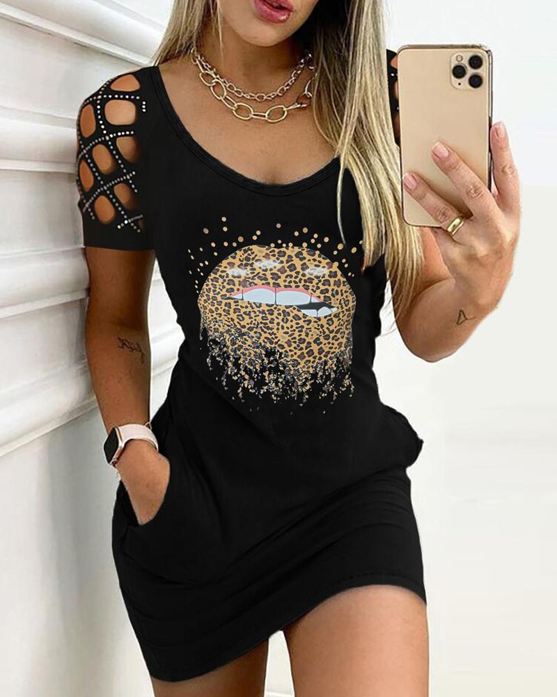 

Rhinestone Lip Pattern Pocket Design Bodycon Dress, Black