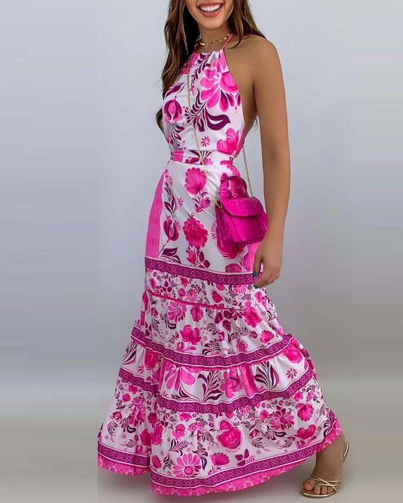

Floral Print Halter Backless Maxi Women Dress, Pink