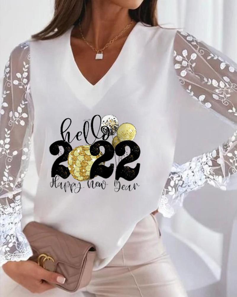 

Happy New Year Print Contrast Lace Long Sleeve Top, White