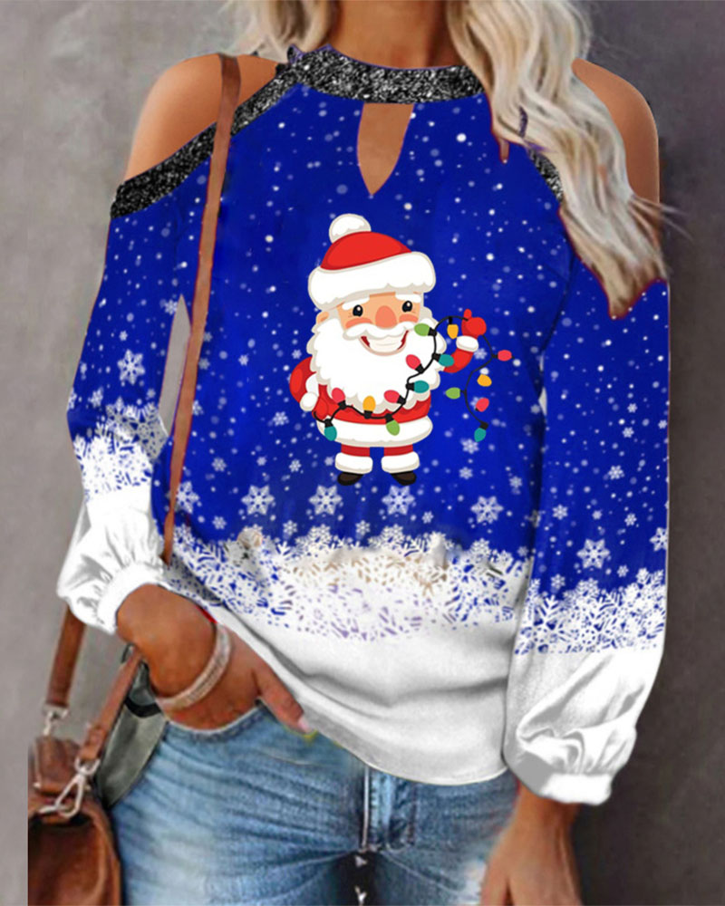 

Christmas Santa Claus Snowflake Print Cold Shoulder Top, Blue