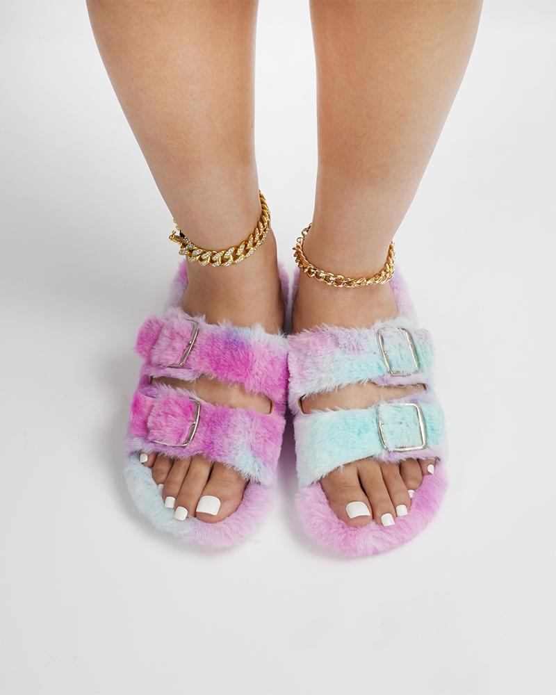 

Round-toe Tie Dye Fluffy Open-toe Slippers, Purple