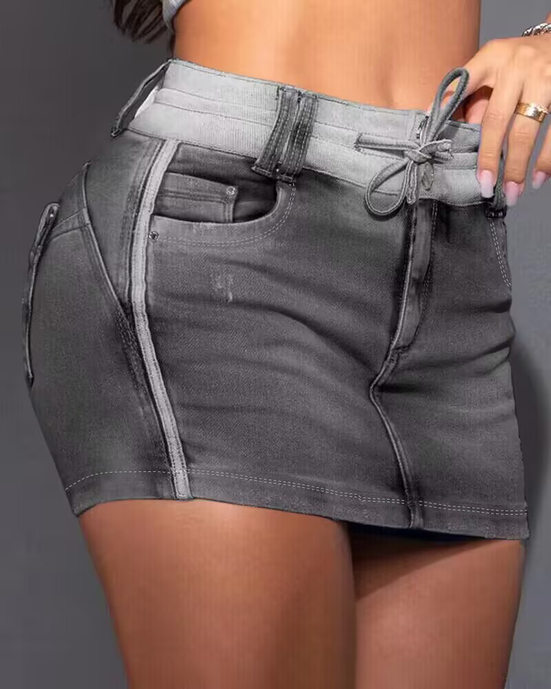 

Contrast Binding Ripped Drawstring Denim Skorts, Gray