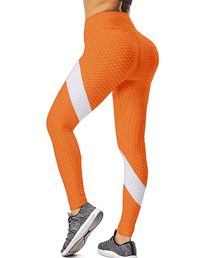 

Striped Print Textured Butt Lifting Tummy Control Leggings, Orange