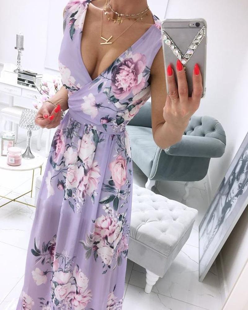 

V-Neck Floral Print High Slit Dress, Light purple