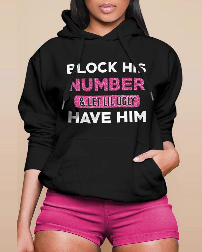 

Plus Size Letter Print Long Sleeve Drawstring Hoodie, Black