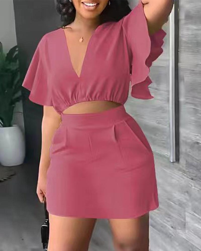 

Flutter Sleeve Crop Top & Mini Skirt Set, Hot pink