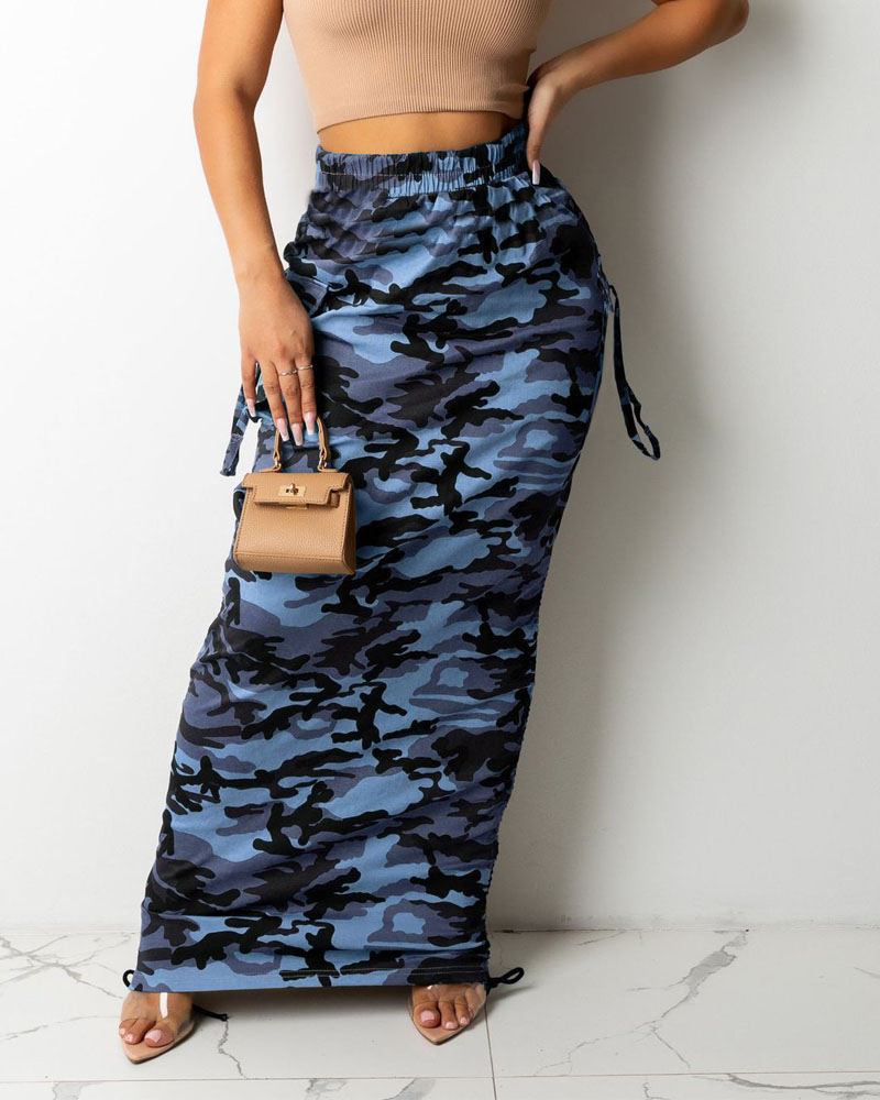 

Camo Print Drawstring Ruched Pocket Detail Maxi Skirt, Blue