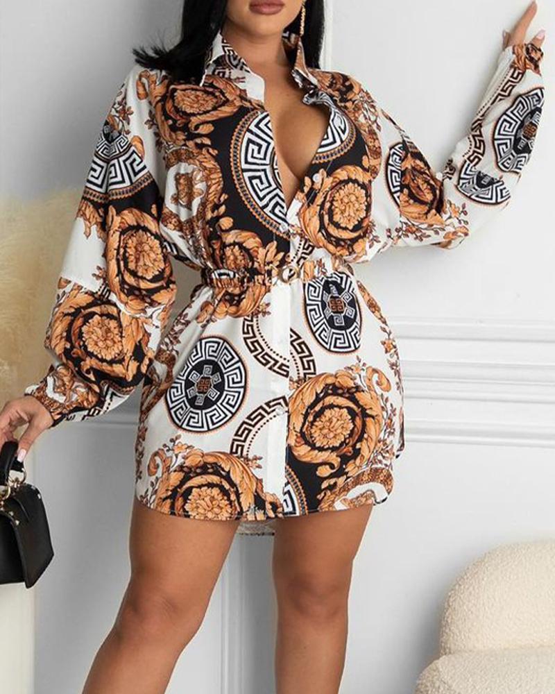 

Baroque Print Lantern Sleeve Button Up Shirt Dress, Multicolor