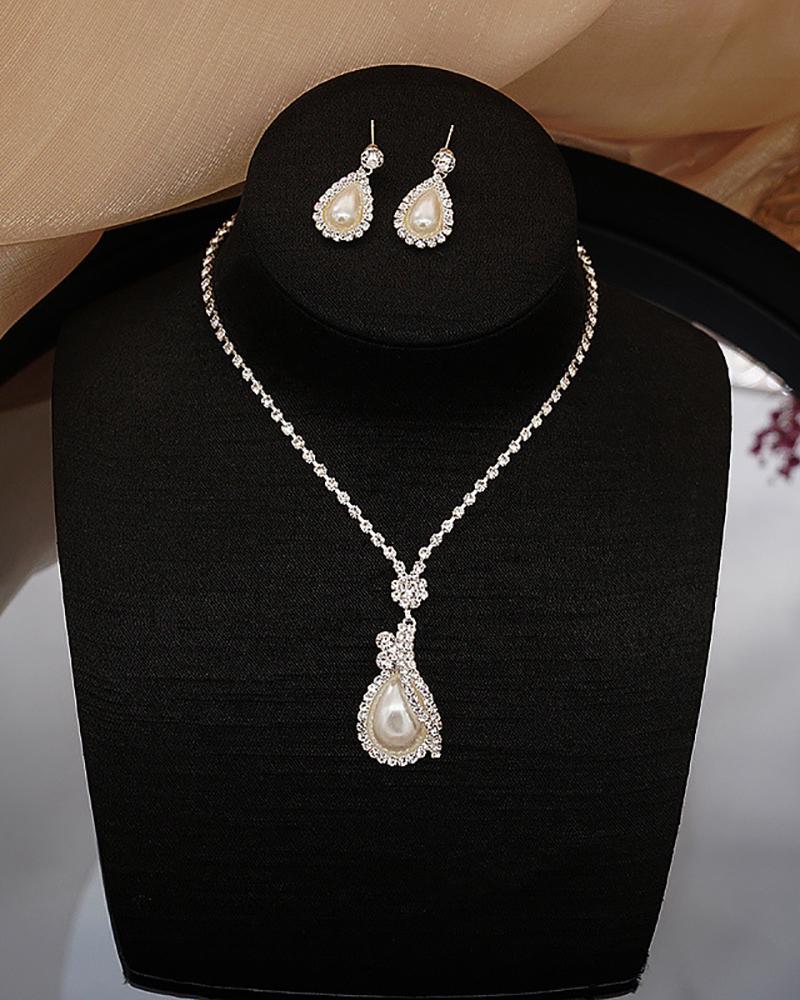 

Waterdrop Pearl Rhinestone Earrings & Pendant Necklace Jewelry Set, Silver